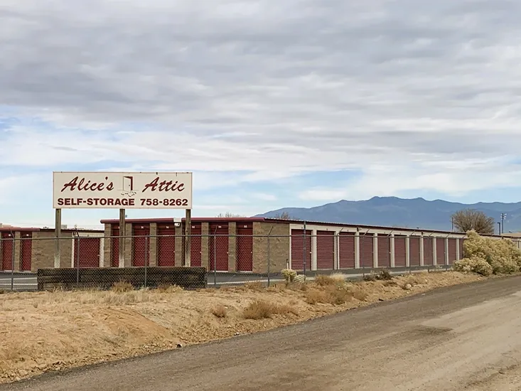 Outdoor street view of Alice's Attic Self Storage facility.