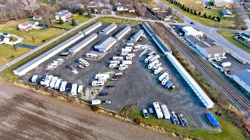 Aerial view of Discount Mini Storage units and parking spaces