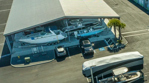 Aerial photo of Elite Motorcoach Storage showing covered, uncovered, and enclosed vehicle parking.