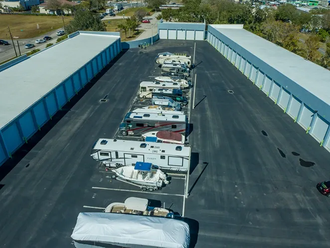 Aerial view of vehicle storage and buildings at Elite Motorcoach Storage.