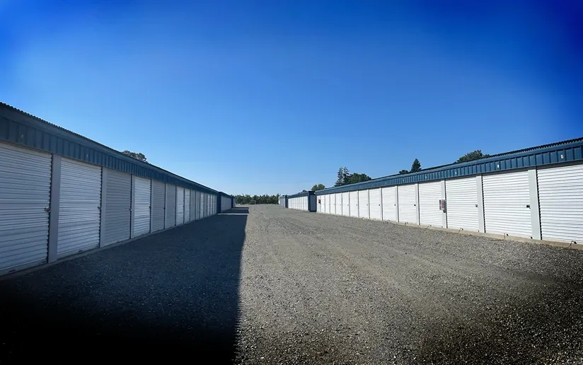 Exterior of rows of storage units at Greenwood Mini Storage.