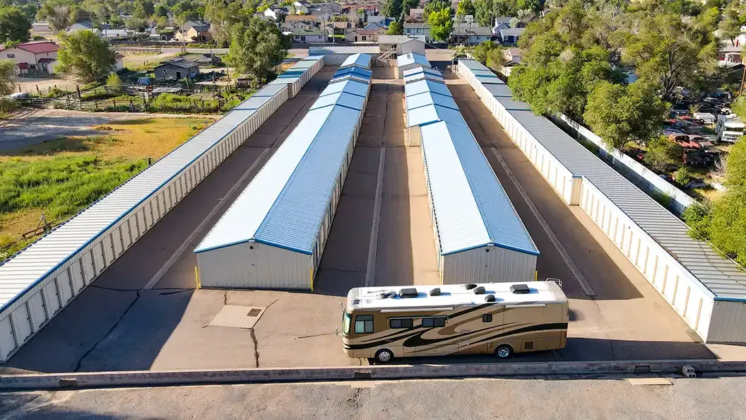 Aerial view of Osprey Storage Thatcher facility with parked RV.