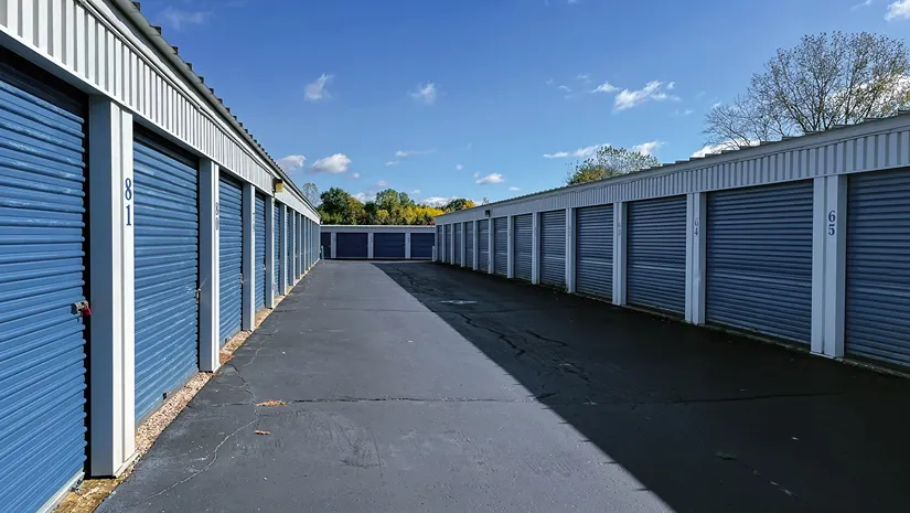 Exterior of Osprey Storage Portage facility with drive-up storage units and wide access lanes.