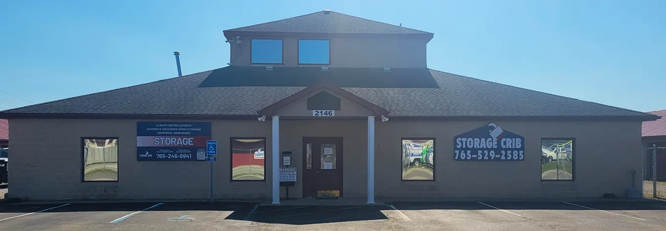 Covered entryway and building facade at Storage Crib.