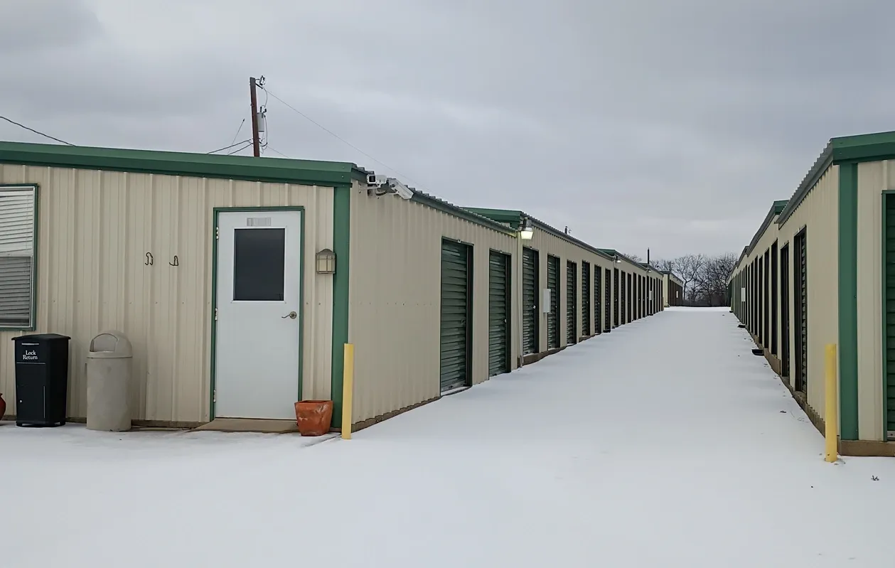 Wide driveways and rows of storage units at Trio Self Storage.